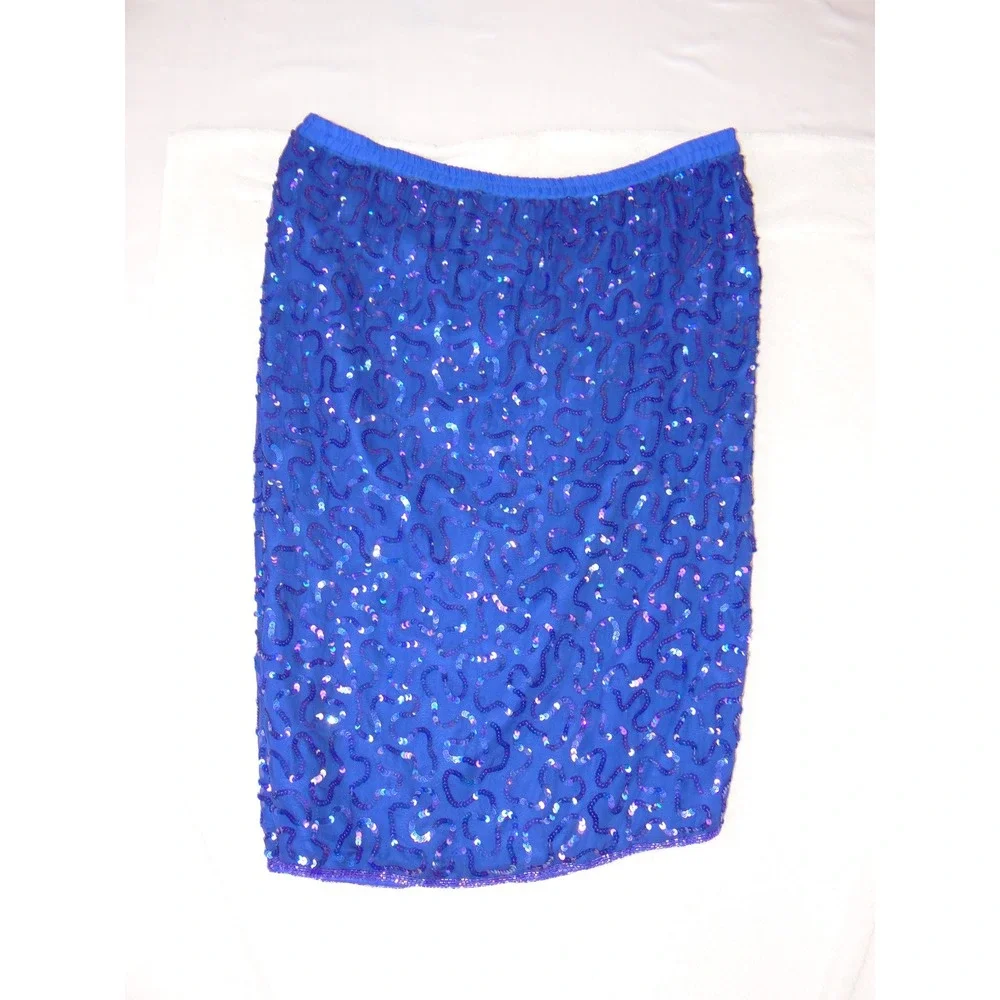 Stenay Vintage Royal Blue Silk Sequin Beaded 2-Piece Skirt Set Size 10 3978